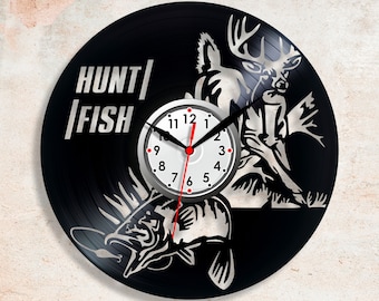 Record clocks Fishing Hunt fish Funny fisherman Fishing clock Fishing room decor Deer images Fish logo Fish clock Vintage gift Laser cut art