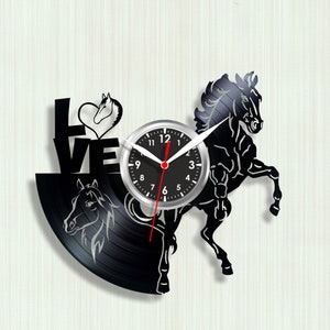 Love clock Vintage clock Love horse clock Horse riding Home decor Record clock Black clock Animals clock Loving clocks Kids room decor
