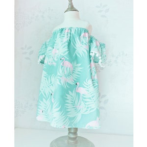 Baby Girl Dresses Flamingo Mint Dress Baby Girl Dress Off Shoulder Dress Girls dress Summer dress Tropical Leaves dress