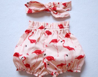 Flamingo Baby Pumphose und Stirnband Set, Handgefertigte Baumwolle Outfit