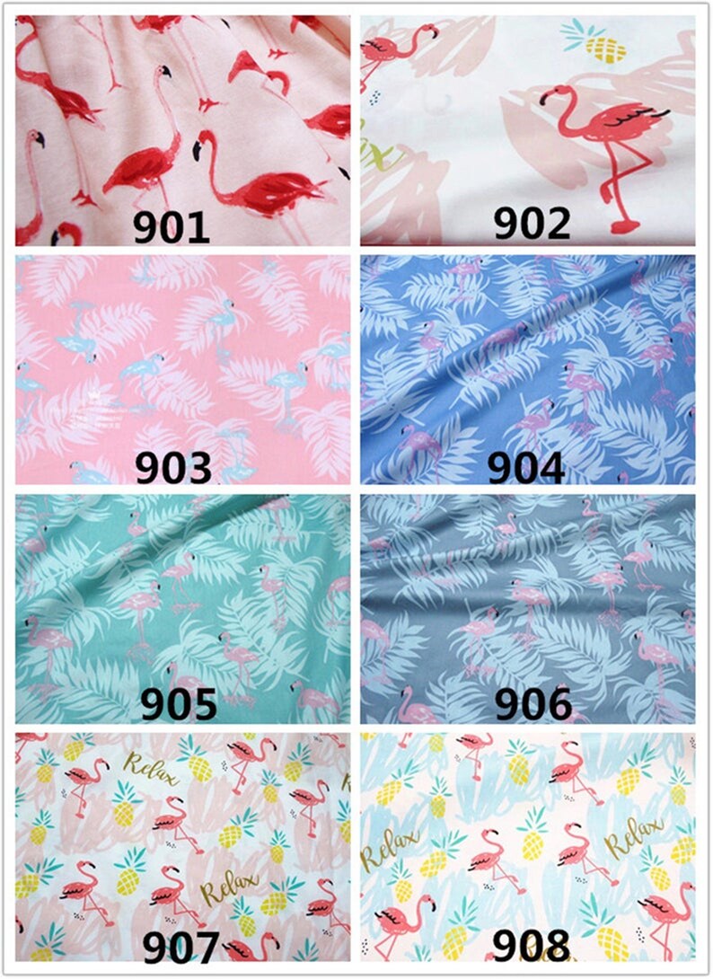 Puede incluir: Muestras de tela con dise&ntilde;os de flamencos en varios colores. Los dise&ntilde;os incluyen fondos rosas, azules y turquesas con motivos de flamencos y hojas tropicales. Algunas muestras tienen la palabra "Relax" e ilustraciones de pi&ntilde;as.