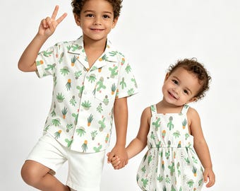 Camiseta com estampa de cactos para meninos, macacão com estampa de cactos para meninas, conjunto combinando para irmãos, roupas tropicais de verão