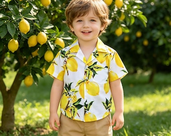 Camisa de manga corta para niño con estampado de limones, camisa de verano con botones para niños pequeños.