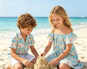 Conjunto de algodão tropical para o verão com estampa de flamingos para irmãos.