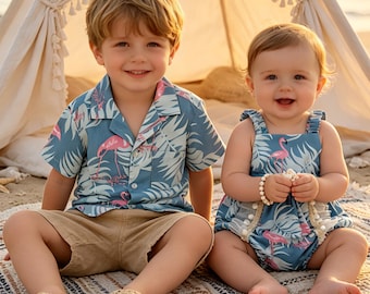 Ropa de verano para hermanos con estampado de flamencos tropicales, conjunto para niños y niñas.