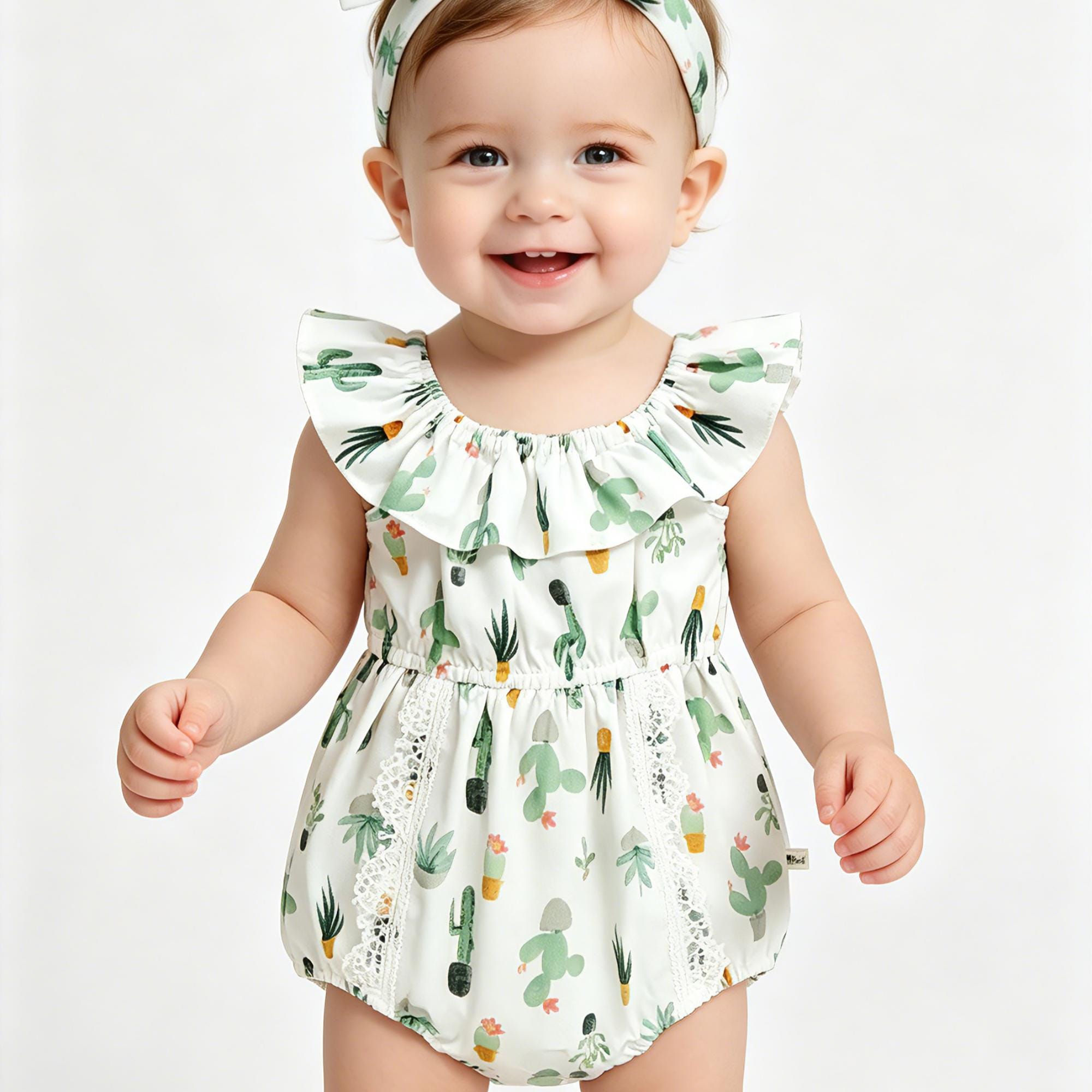 Cactus Print Baby Romper with Headband, Organic Cotton Summer Outfit