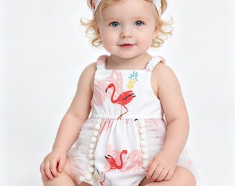 Barboteuse bébé fille flamant rose et ananas avec bordure en tulle, bandeau avec nœud assorti