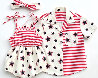 4th of July Matching Sibling Set, Patriotic Baby Romper & Boys Shirt, Stars Stripes Independence Day Outfit
