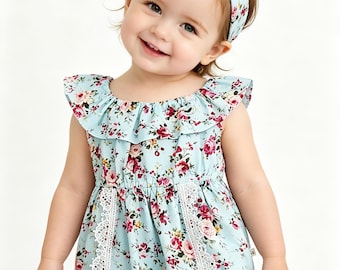 Mint Blue Floral Baby Romper with Matching Headband,, Vintage Rose Print Newborn Outfit, Summer Baby Girl Clothes, Baby Shower Gift