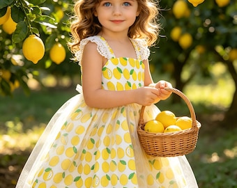 Tulejurk met citroenprint voor peuters, kanten zomerjurk babymeisje, outfit fotoshoot Lemon Orchard-fotoshoot