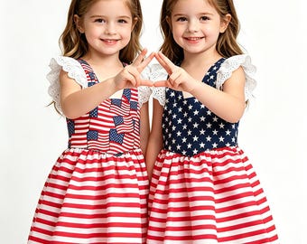 Meisjes patriottische jurk met ruches, zomerjurk Amerikaanse vlag, outfit 4 juli (bijpassende hoofdband)