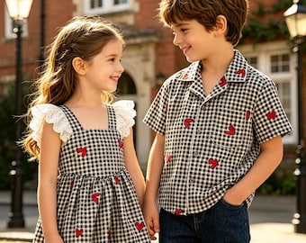 Black Gingham Sibling Matching Outfit with Red Hearts, Girl Lace Ruffle Dress & Boy Button-Up Shirt,Preppy Style