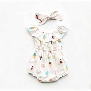 Baby Girl Romper with Headband, Sweet Treats Print, 100% Cotton, Lace Trim