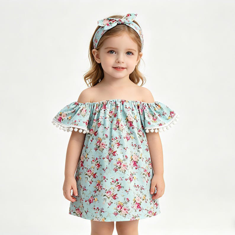 Puede incluir: Un vestido azul claro con hombros descubiertos con un estampado floral y ribete de pomp&oacute;n blanco. El vestido se combina con una diadema floral a juego. El vestido est&aacute; dise&ntilde;ado para una ni&ntilde;a.