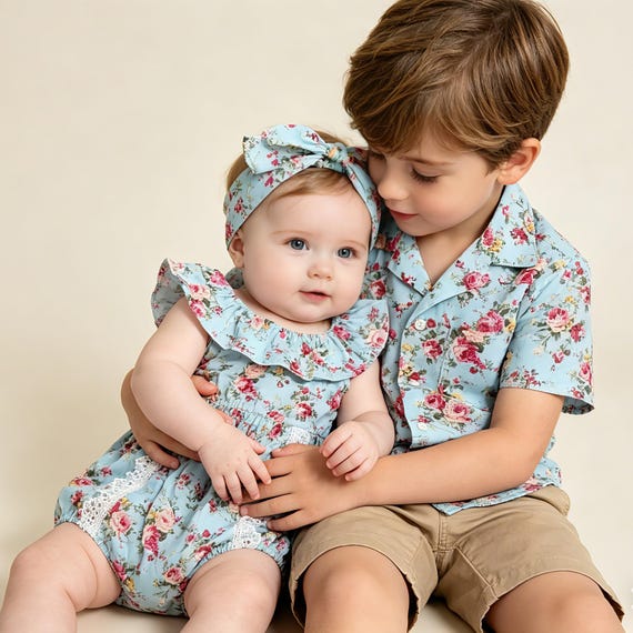 Light Blue Floral Brother Sister Matching Outfits, Boho Toddler Clothes, Sibling Photo Set
