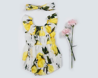 Lemon Print Baby Romper and Headband Set, 100% Cotton Summer Outfit