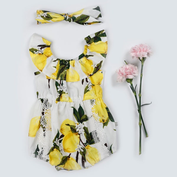 Lemon Print Baby Romper and Headband Set, 100% Cotton Summer Outfit