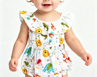 Babyromper met safaridierenprint en kanten rand, mouwloze zomeroutfit