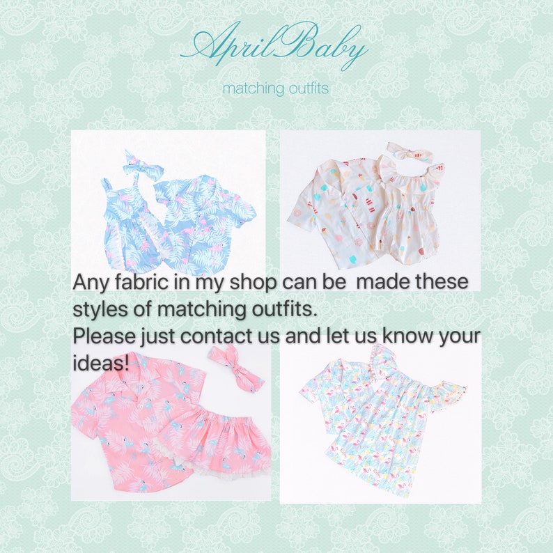 Op de afbeelding: De afbeelding toont vier sets bijpassende babyoutfits. Elke set bevat een top en broek of een jurk, met bijpassende haarbanden. De outfits hebben kleurrijke patronen, waaronder tropische bladeren en flamingo's. De tekst "April Baby matching outfits" staat bovenaan.