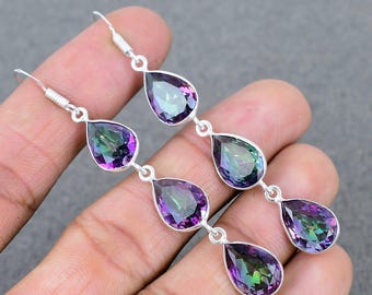 Mystic Topaz Gemstone Silver Earring-Handmade Drop & Dangle Earring- Multi Gemstone Earrings For Gifts
