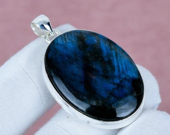 Blue Labradorite Pendant: Oval Cabochon, 925 Sterling Silver