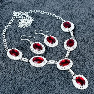 Garnet Gemstone Silver Necklace +Earring Set-925 Sterling Silver Jewelry-Handmade Jewelry-Designer Necklace Birthday gifts For Her