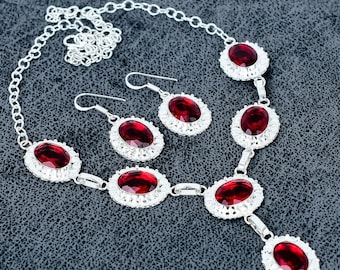Garnet Sterling Silver Necklace and Earrings Set: Handmade 925 Silver Jewelry