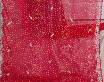 May include: A vibrant red textile with a delicate white floral border and intricate paisley and dot patterns. The sheer fabric drapes gracefully, showcasing the detailed design. This textile is suitable for scarves, shawls, or other apparel.