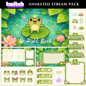Peut inclure: Un pack de streaming animé Twitch numérique sur le thème de la grenouille verte avec des nénuphars, des fleurs de lotus roses et des éléments aquatiques. Inclut des superpositions, des boîtes de chat, des plannings et des boutons New Donation.