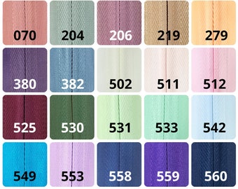 Invisible Zipper Assortment, 38 Colors, 10 Zippers per Color, 1 Size per Assortment, Size: 9", 14", 18", or 22", FREE SHIPPING USA