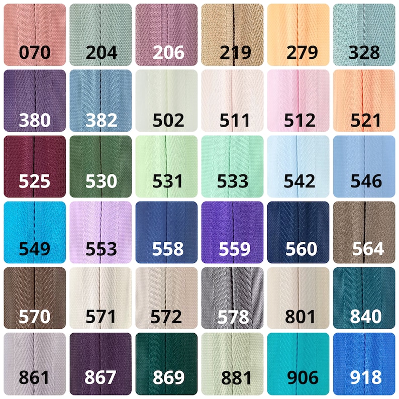 May include: A color chart with 24 different colors of fabric ribbon. The colors include shades of pink, blue, green, purple, brown, and beige. Each color is labeled with a number.