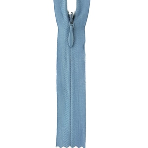 May include: A light blue zipper with a plastic slider. The zipper is open and the slider is in the middle of the zipper. The zipper is labeled "382 WEDGEWOOD".