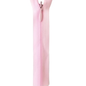 May include: A pink zipper with a plastic slider. The zipper is closed and the slider is in the up position. The zipper is labeled "512 PINK".