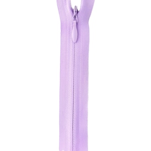 May include: A lilac zipper with a plastic slider. The zipper is closed and the slider is in the center of the zipper.