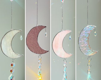 Crescent moon crystal stained glass suncatcher, moon glass window hanging ornament, crystal sun catcher