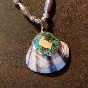 Turquoise Mosaic Inlay Shell Pendant Heishi Necklace, Vintage Turquoise Inlay Shell Pendant,Turquoise Heishi Bead Necklace,925 Bead Necklace