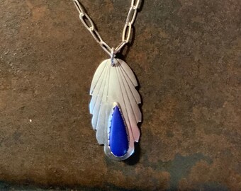 Navajo Blue Pendant Necklace, Vintage Ben Shiley Modern Pendant, Artisan Ben Shiley Blue Necklace, Vintage Modern Pendant Necklace, Sterling