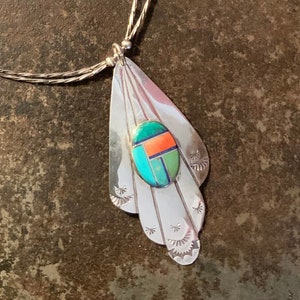 Zuni Channel Inlay Necklace, Vintage Sterling Silver Hand Stamped Inlay Pendant, Zuni 925 Turquoise Spiny Oyster Onyx Inlay Pendant Necklace