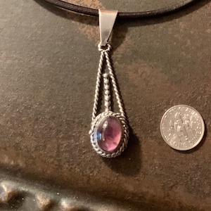 Amethyst Leather Necklace,Sterling Silver Amethyst Drop Pendant, Leather Choker Necklace, Sterling Silver Pendant Necklace, Choker Necklace