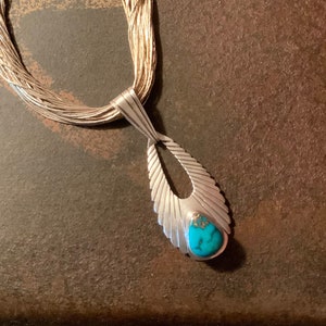 Turquoise Liquid Silver Necklace, Vintage Sterling Silver Morenci Turquoise Pendant, Removable Liquid Silver 30 Strand Necklace