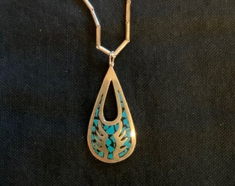 Vintage Taxco Mexico Sterling Silver Turquoise Chip Inlay Necklace