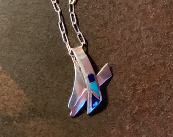 Vintage Sterling Silver Inlay Pendant Necklace, Turquoise Coral Onyx