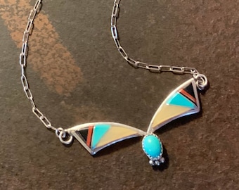 Vintage Zuni Teme Turquoise Inlay Bib Necklace, Sterling Silver