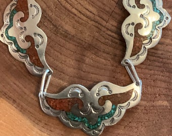 Vintage Sterling Silver Turquoise Coral Chip Inlay Necklace, Southwestern Stamping