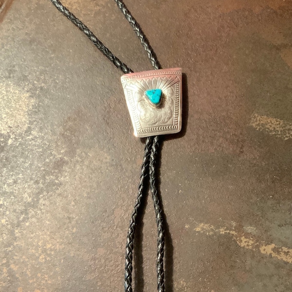 Turquoise Leather Bolo Tie, Vintage 925 Hand Hammered Bolo Tie, Leather Turquoise Necklace, Sterling Silver Black Leather Bolo Tie