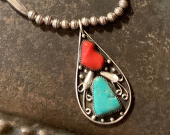 Vintage Turquoise Coral Bench Bead Necklace, Vintage Sterling Silver Bench Bead Necklace,Handmade 925 Vintage Turquoise Coral Pendant