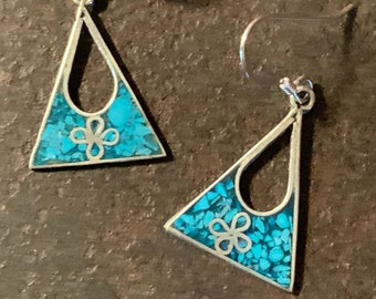 Turquoise Chip Inlay Earrings, Vintage Handmade Dangle Earrings, Sterling Silver Chip Inlay Earrings, Handmade Chip Inlay Dangle Earrings,