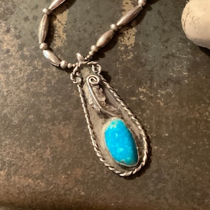 Turquoise Bench Bead Necklace, Vintage Sterling Silver Turquoise Pendant Necklace, Sterling silver Bench Bead Pendant Necklace