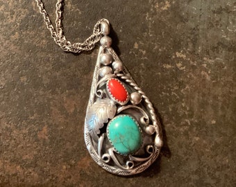 Vintage HM/WH Sterling Silver Turquoise Coral Pendant Necklace
