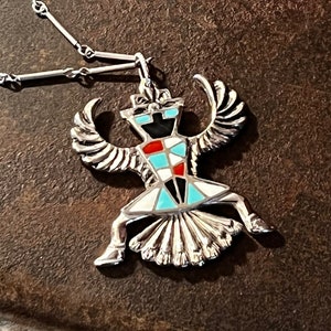 Vintage Knifewing Kachina Pendant Necklace, Old Kachina Channel Inlay Pendant Necklace, Channel Inlay Pendant, 925 Chain Necklace
